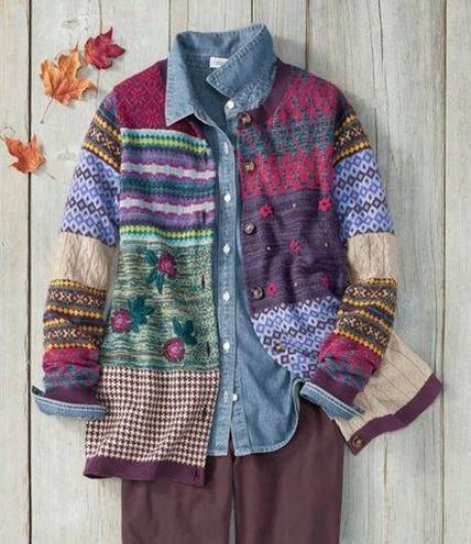 Coldwater Creek  True Color Cardigan Sweater Women Large Petite Patchwork Paisley