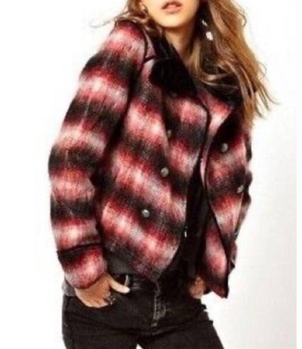 Free People  Red Wooly Officer Plaid Wool Blend Jacket