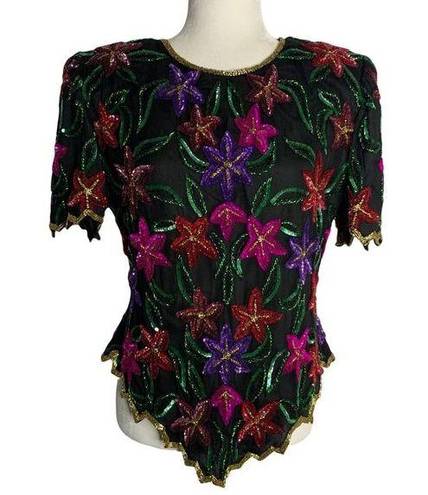 Laurence Kazar Vintage  Sequin Silk Blouse L Black Floral Zip Back Short Sleeves