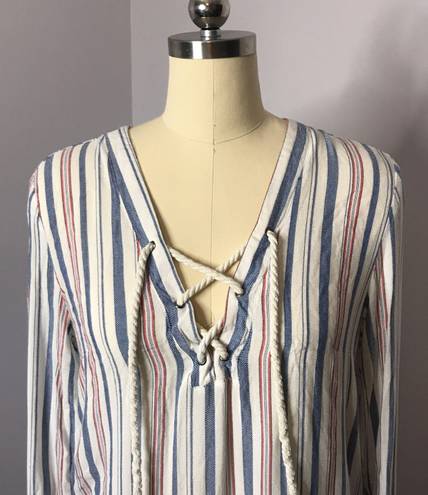 Vintage Havana Stripe Nautical Top with Rope Tie Front- Bell Sleeve- M