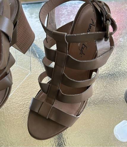 American Eagle  faux leather strappy block heel tan sandals, boho, peep toe, 11M