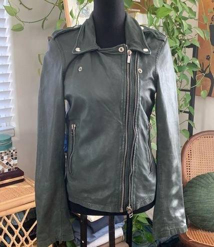 Hunter Goosecraft Biker 513  Green Leather Zip Up Moto Jacket - US Small