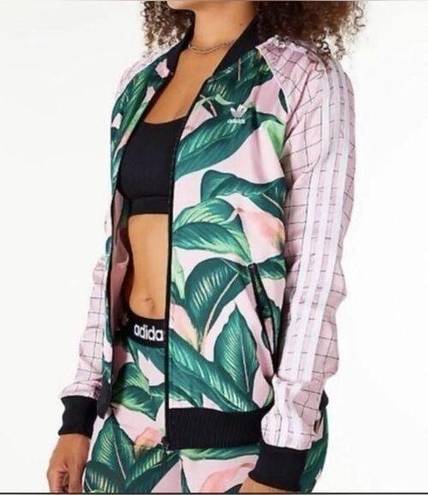 Farm Rio Adidas  Womens Pink Green Tropical Palm 3-Stripe Zip Up