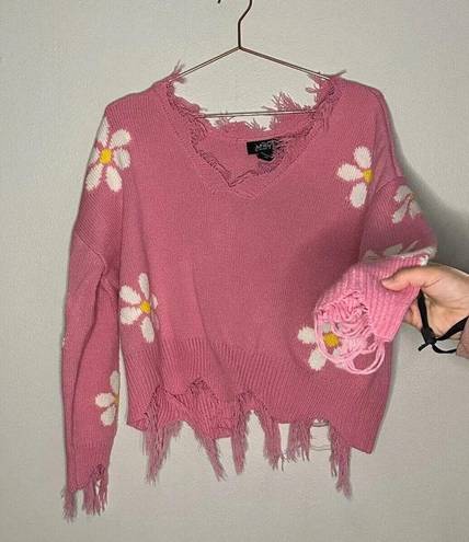 Daisy Just Polly Pink  Flower Cropped Raw Hem Distressed Sweater Size Medium