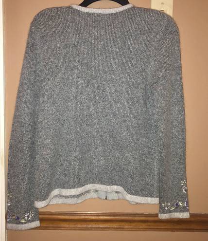 Dress Barn  Silk Angora Wool Silk Floral Embroidered Full Zip Sweater Grey Small