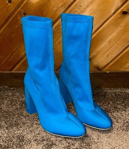 EGO  neon blue fitted stretch high ankle block chunky heel boots