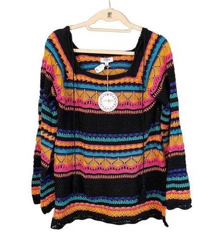 Umgee  Women's Multicolor Square Neck Crochet Knitted Pullover Sweater Large NWT