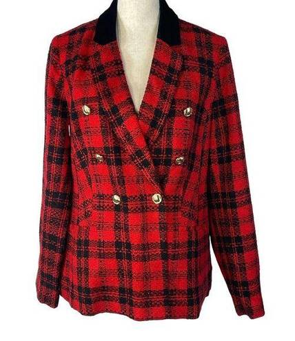 Charter Club  SZ 10 Blazer Jacket Plaid 1-Button Long Sleeve Lined Collared Red