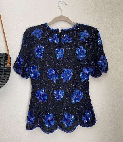 Scala Vintage  Blue Floral Sequin Scallop Blouse Top, Zip, Size Small