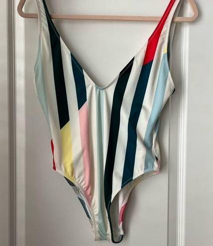 Solid & Striped  deep v neck one piece rainbow stripe