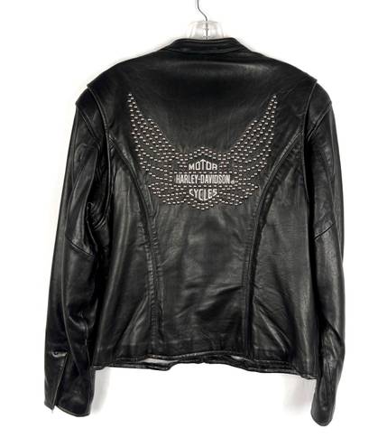 Harley Davidson Black Soft Leather Zip Front Studded Angel Wing Logo Jacket