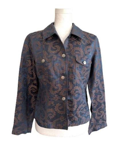 J.Jill  Jacket Top Blue Brown Scroll Linen Silk Blend Lightweight Jacket Size 4