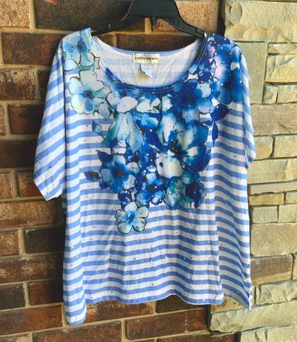 Cathy Daniels Blue White Floral Striped Top 3X