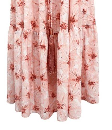 Alexis  Tilia Off the Shoulder Floral Print Tiered Midi Dress Tassel Tie Pink