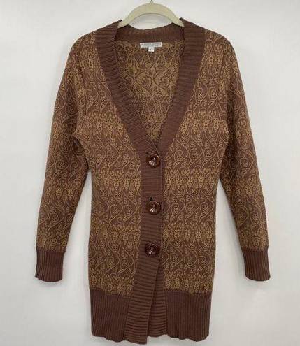 Alberto Makali  Cardigan Sweater Button Front V Neck Patterned Brown Metallic L