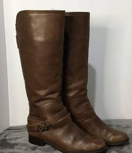 Fossil  Zena back zipper wide calf Brown Tall Leather Buckle Strap riding boots