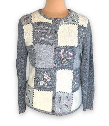 Dress Barn Vintage  Cardigan Sweater Knit Gray Patchwork Round Neck Pastel Floral