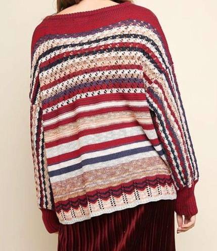 Umgee Boho Oversized Red Stripe Crochet Sweater