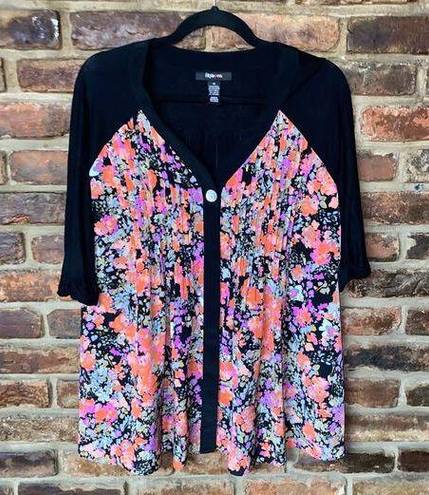 Style & Co  Black Floral 3/4 Sleeve Button Down Top Women's Size Medium