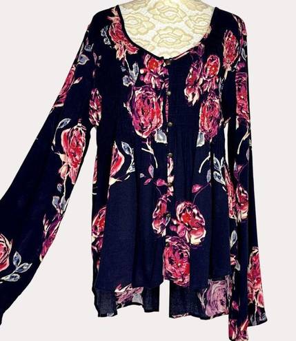 Shyanne  Smocked Boho High Low Swing Top Blouse Floral Black Pink L bv