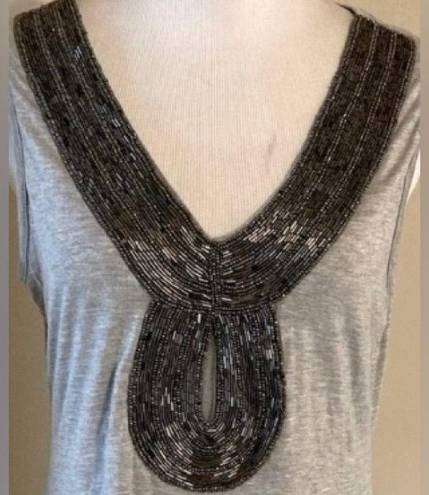 Cache NEW  Gray Curved Hem Beaded V Neck Tank Top Size S