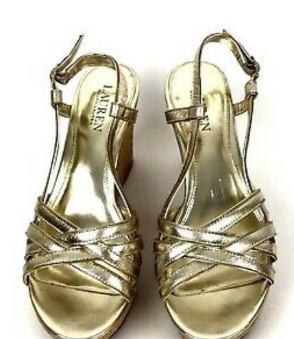 Ralph Lauren NEW LAUREN  Gold Metallic Leather Platform Wedge Sandals Women's 8 B