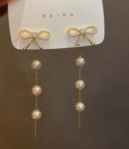 Elegant Bow White Pearl Dangle Drop Earrings for Women Gold