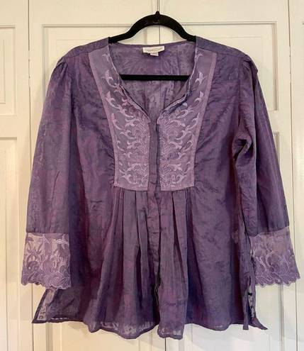 Coldwater Creek  purple lace trim blouse size large