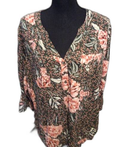 Torrid  Floral Harper Top Sz 3 Roll Tab Sleeves Split Neck Challis Blouse Pockets