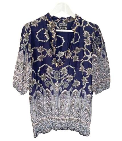 Angie  Puff Sleeve Smocked Popover Top Womens Size S Embellished Boho‎ Multicolor