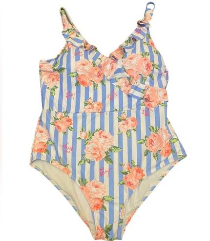 Betsey Johnson  Ruffled Blue Striped One Piece Swimsuit size XL