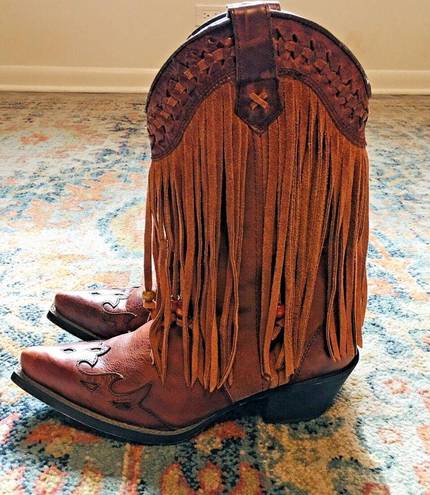 Dingo  Brown Leather Cassidy Cowboy Western Fringed Braided Wood Beads Boots 8