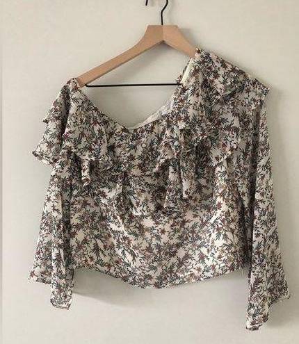 Rebecca Minkoff  floral asymmetrical shoulder long sleeve blouse w/ruffle - sz S