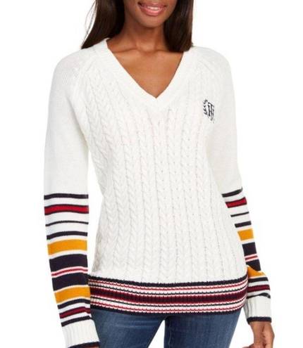 Tommy Hilfiger  Sweater Ivory V-Neck Varsity Cable Knit Pullover Size L MSRP $79