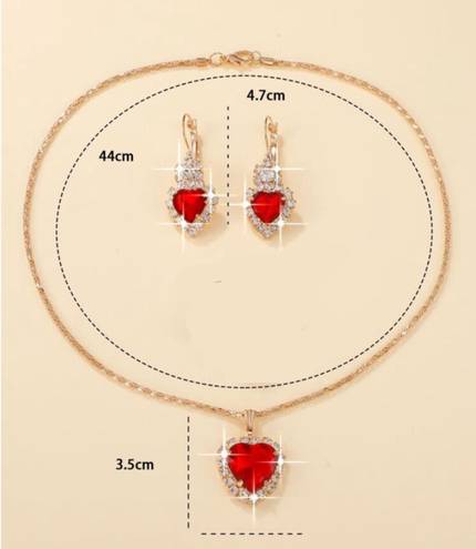 New Red Heart necklace and Drop Earrings golden jewelry set rhinestone Valentines Day Fashion