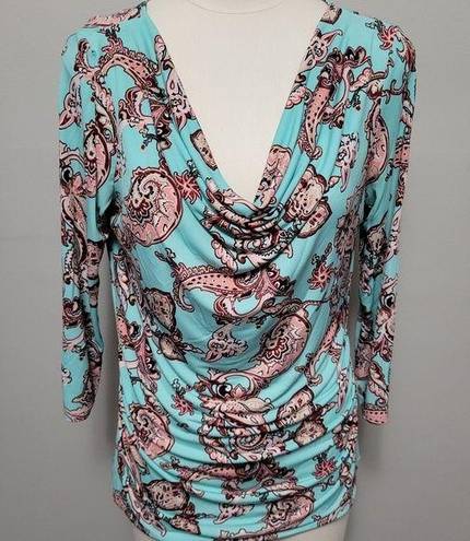 Ny&co NY& 7th Ave teal paisley drape neck ruched blouse size small