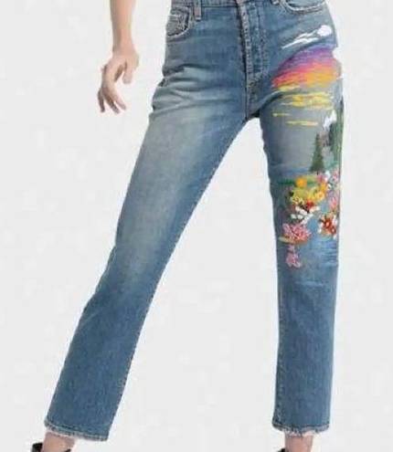 Alice + Olivia  AO LA High Rise Girlfriend Embroidered Mountain Jeans, Size 25