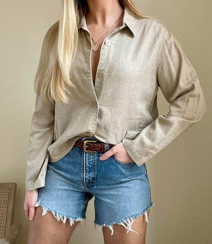 Vintage Linen Button up Collared Shirt Jacket in Beige Tan Size M