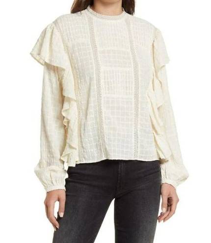 Treasure & Bond  Embroidered Ruffle Cotton Blouse Ivory Birch