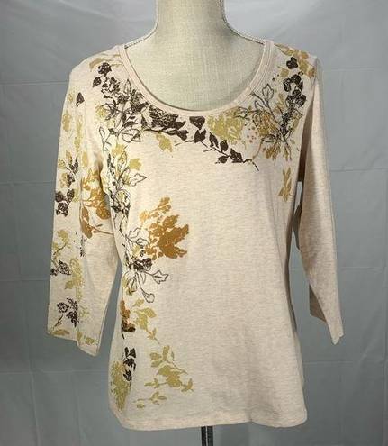 Coldwater Creek  Three Quarter Sleeve Oatmeal Autumn Flock Tee Size Large