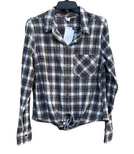 Roxy  long sleeve brown plaid button down shirt front knot tie size large NEW