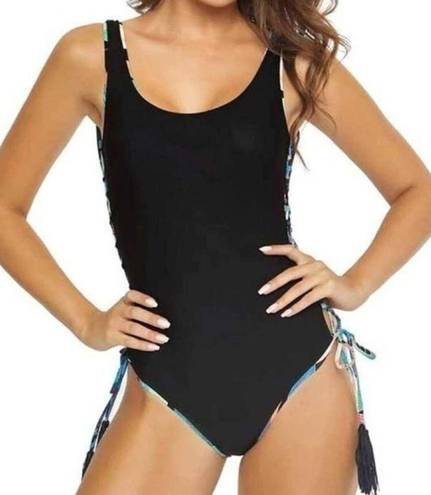 PilyQ NWT  BLACK FLORAL Aralia Lace Up Lola One Pice Swimsuit