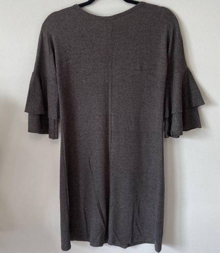 Moa Moa Ruffle Flare Bell Sleeve Dress Tunic Heather Brown Black Soft Size Small