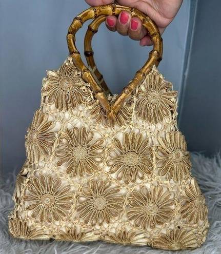 Vintage Floral Straw Bamboo Handle Bag Tote Purse