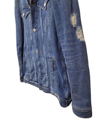 Lee  Jeans Women's Denim Med Blue Distressed Trucker Jacket 90s Y2K Sz Med