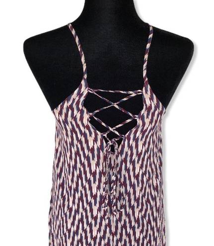 Lush Clothing Lush Chevron Print Lace Up Back Navy Cream Burgundy Sleeveless Swing Dress