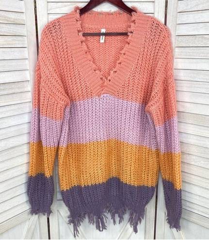 Wishlist  Distressed Color Block Pullover Sweater Medium Large Purple Multi