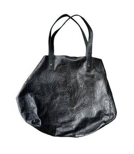 Krass&co American Leather . Black Floral Tooled Leather Zip Tote Bag Shoulder Bag Black