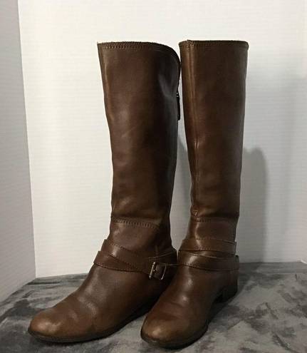 Fossil  Zena back zipper wide calf Brown Tall Leather Buckle Strap riding boots