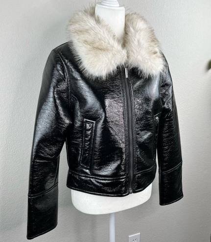 Unreal Fur Wet Look Aviator Biker Jacket Faux Leather & Fur Black Size Large NWT